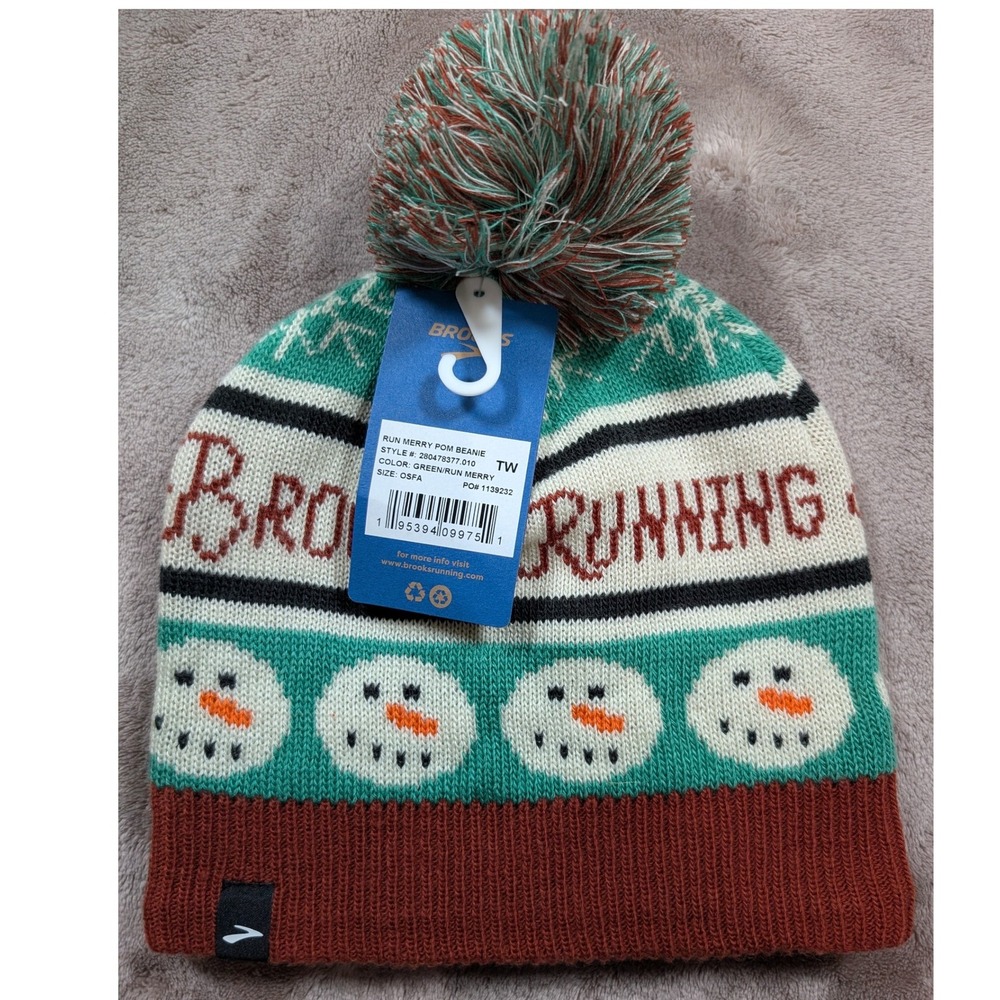 Brooks Run Merry Pom Beanie Unisex OSFA Green Holiday Snowman Knit Hat 280478377